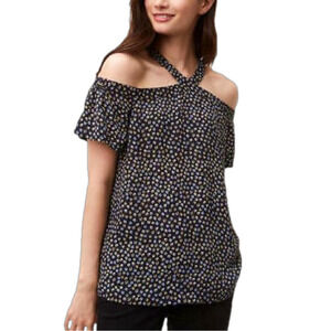 Ann Taylor LOFT NWT Blue Diamond Flounce Cold off the Shoulder Top Size XS